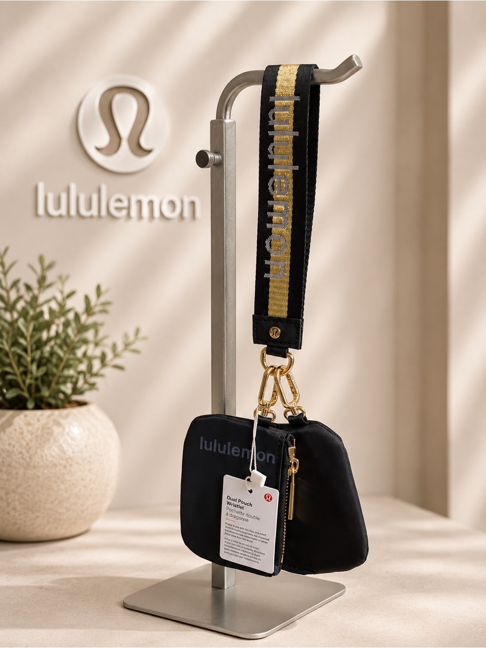 lululemon athletica Black Crossbody Wristlet with Gold Trim Strap